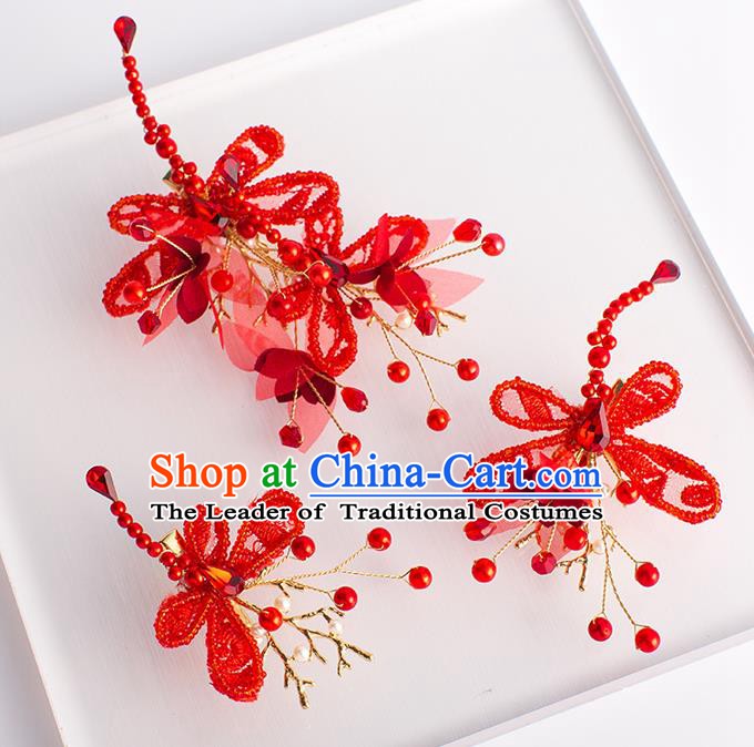 Handmade Classical Wedding Hair Accessories Bride Red Dragonfly Hair Claws Headwear for Women