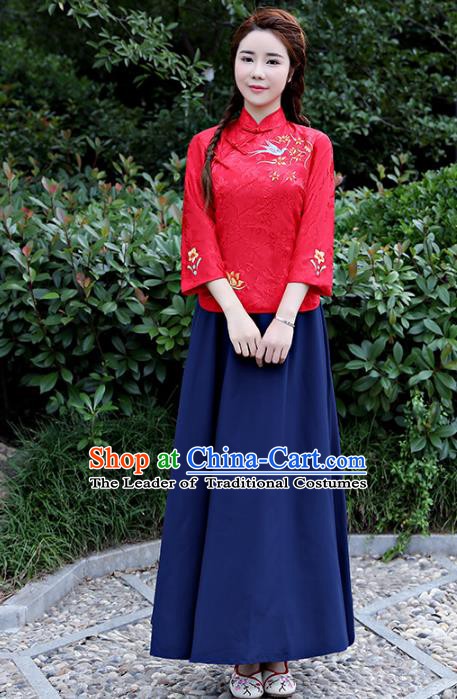 Traditional Republic of China Nobility Lady Costume Embroidered Cheongsam Red Blouse and Navy Skirts for Women