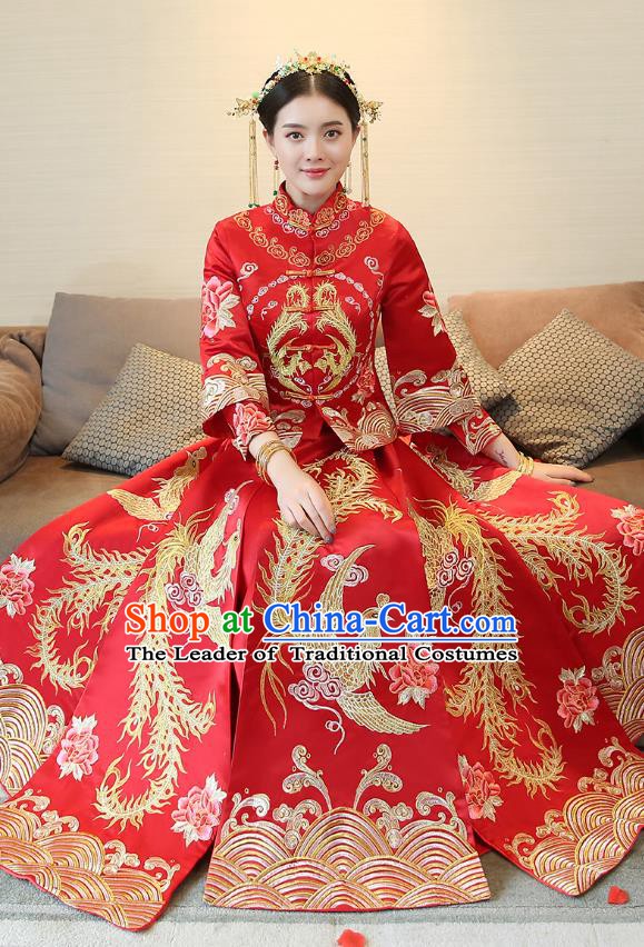 Traditional Chinese Wedding Costume Xiuhe Suit Ancient Bride Embroidered Clothing Phoenix Cheongsam for Women