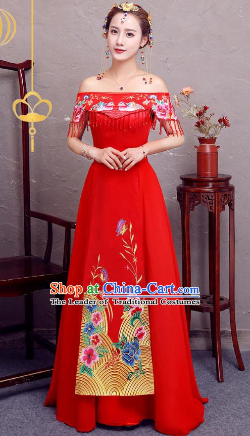 Top Grade Modern Dance Costume Bride Toast Cheongsam Embroidered Xiuhe Suit Dress for Women