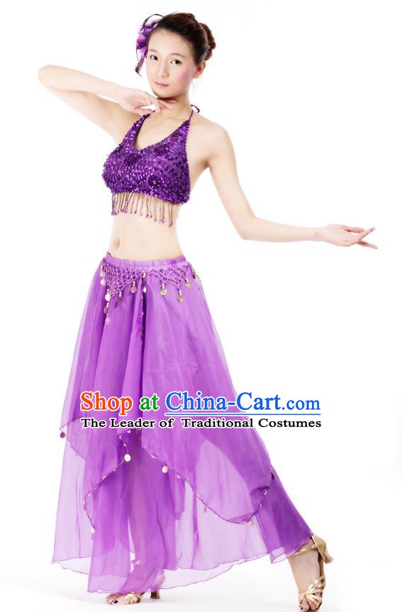 Indian Bollywood Belly Dance Purple Tassel Dress Clothing Asian India Oriental Dance Costume for Women