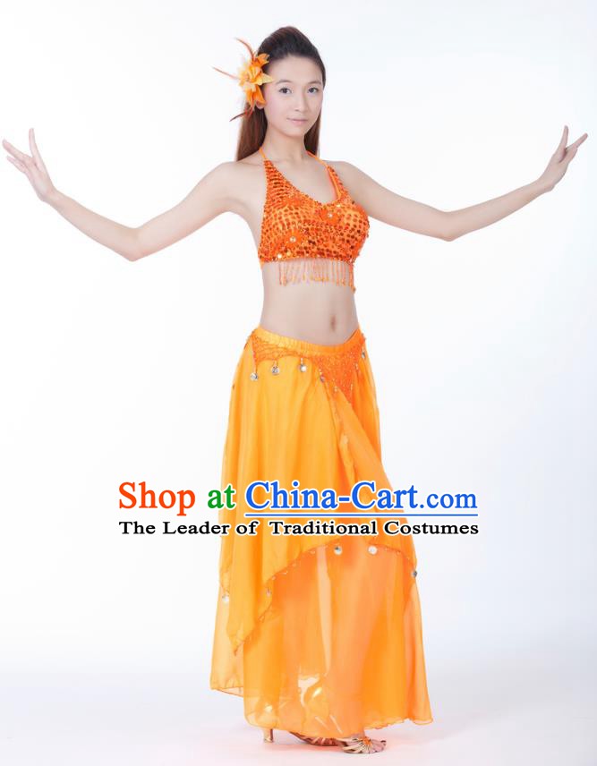 Indian Bollywood Belly Dance Orange Tassel Dress Clothing Asian India Oriental Dance Costume for Women