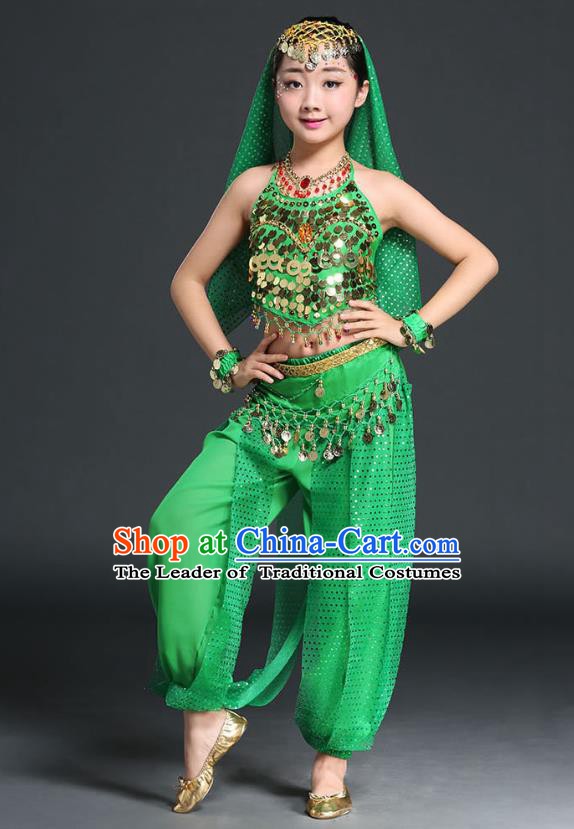 Traditional Indian National Belly Dance Green Clothing India Oriental Dance Costume for Kids