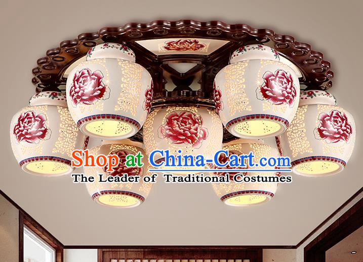 Traditional Chinese Painting Red Peony Ceiling Palace Lanterns Handmade Seven-Lights Porcelain Lantern Ancient Lamp