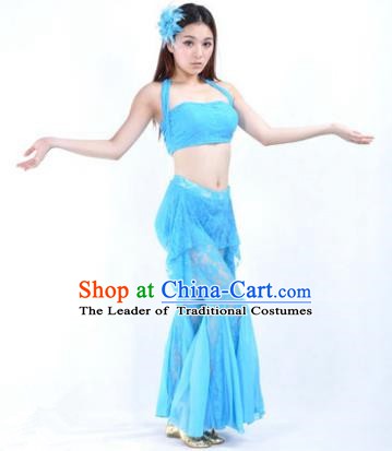 Indian National Belly Dance Blue Lace Suits Bollywood Oriental Dance Costume for Women