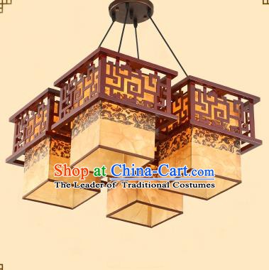 Traditional Chinese Four-Lights Palace Lanterns Handmade Wood Hanging Lantern Ancient Ceiling Lamp