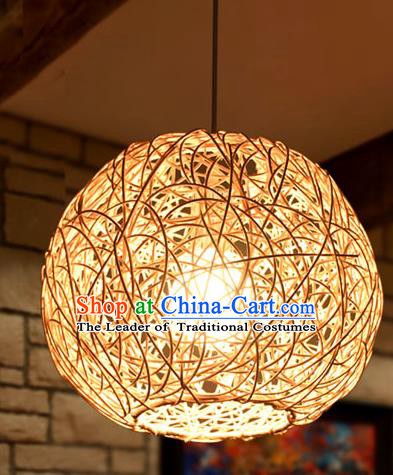 Traditional Chinese Straw Braid Round Hanging Lanterns Handmade Ceiling Lantern Ancient Lamp