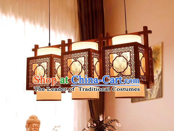 Traditional Asian Wood Carving Lanterns Handmade Three-Lights Ceiling Lantern Ancient Hanging Lamp