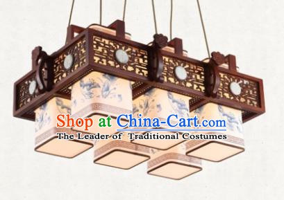 Traditional Chinese Handmade Six-Lights Hanging Lantern Painting Lotus Wood Lantern Ancient Palace Ceiling Lanterns