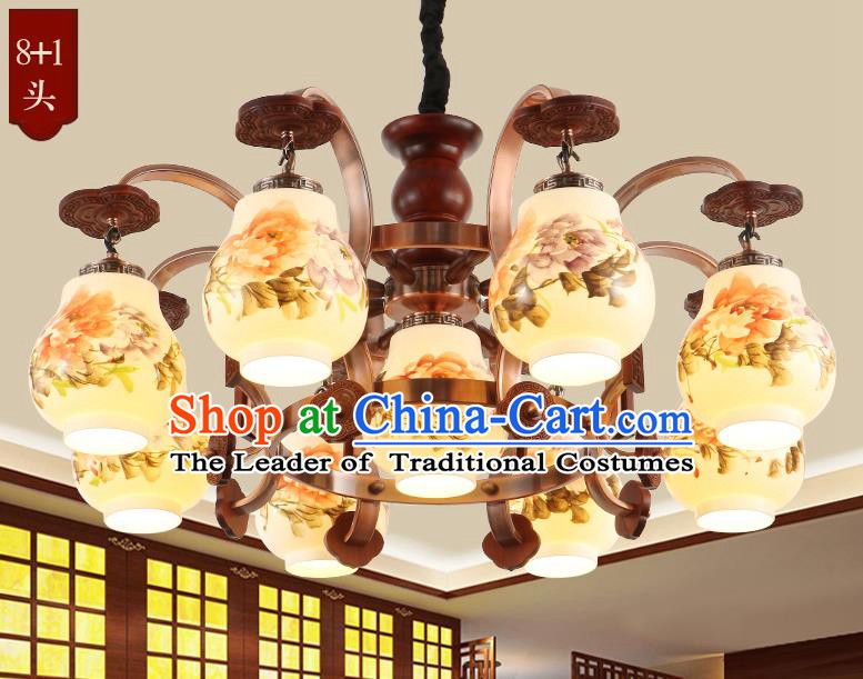 Traditional Chinese Handmade Painting Peony Lantern Nine-Lights Palace Lantern Ancient Ceiling Lanterns