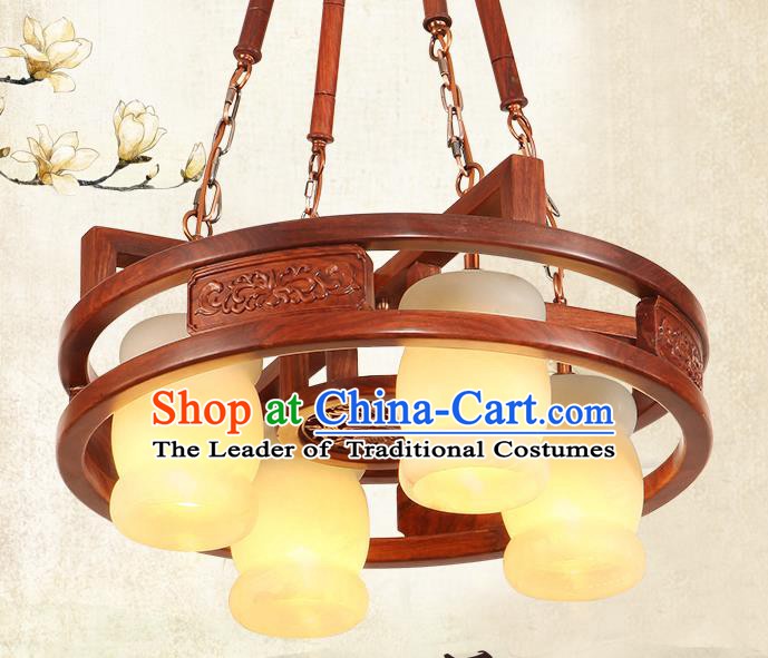 Traditional Chinese Handmade Marble Hanging Lantern Rosewood Four-Lights Palace Lanterns Ancient Lamp