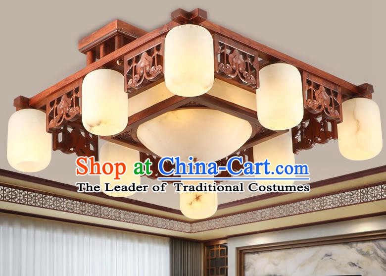 Traditional Chinese Handmade Marble Ceiling Lantern Rosewood Nine-Lights Palace Lanterns Ancient Lamp