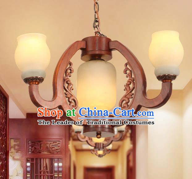 Traditional Chinese Handmade Rosewood Marble Ceiling Lantern Three-Lights Palace Lanterns Ancient Lamp