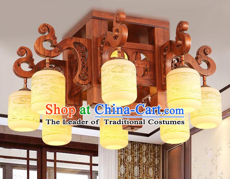 Traditional Chinese Handmade Marble Ceiling Lantern Rosewood Eight-Lights Palace Lanterns Ancient Lamp