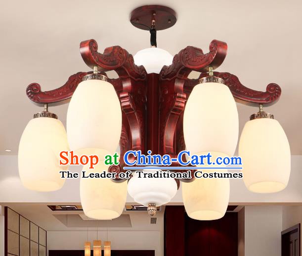 Traditional Chinese Handmade Marble Ceiling Lantern Six-Pieces Palace Lanterns Ancient Wood Lamp