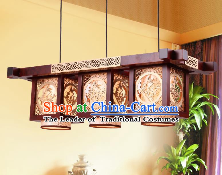 Traditional Chinese Handmade Palace Lantern Wood Carving Plum Blossom Three-Lights Ceiling Lanterns Ancient Lamp