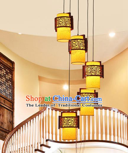 Traditional Chinese Handmade Palace Lantern Five-Lights Hanging Lanterns Ancient Wood Lamp