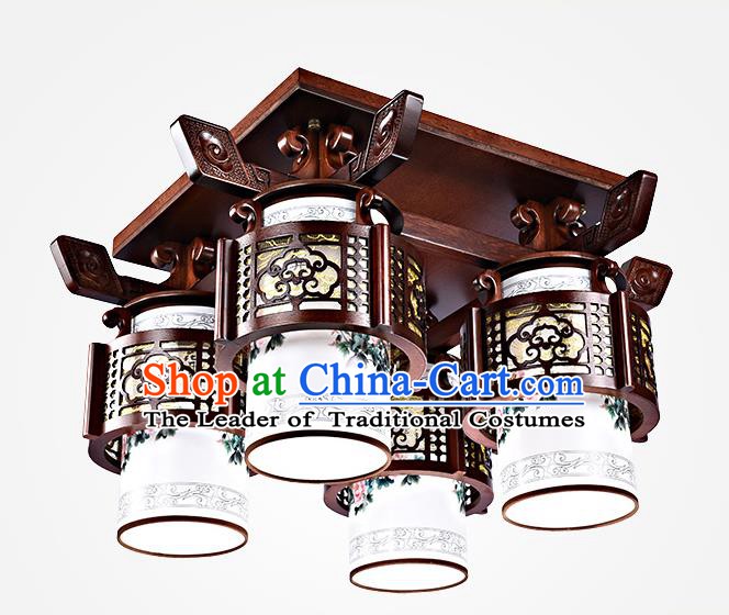 Traditional Chinese Painted Four-Lights Palace Lantern Handmade Wood Ceiling Lanterns Ancient Lamp
