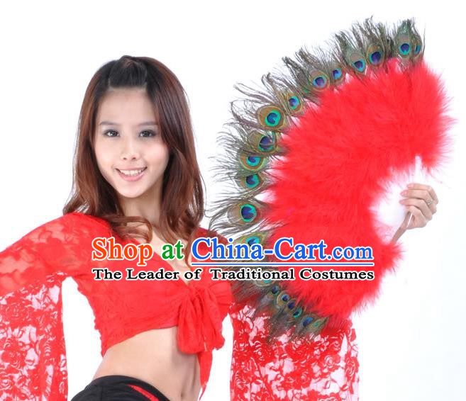 Indian Bollywood Belly Dance Fans Red Feather Folding Fans for Women