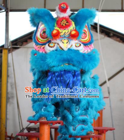 Top Grade Chinese Traditional Blue Wool Lion Head Professional Lion Dance Costumes Complete Set