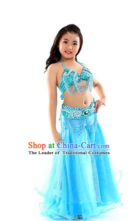 Traditional Indian Children Dance Performance Blue Dress Belly Dance Costume for Kids