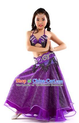 Traditional Indian Children Dance Performance Purple Dress Belly Dance Costume for Kids