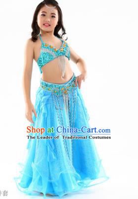 Indian Traditional Stage Performance Dance Blue Dress Belly Dance Costume for Kids