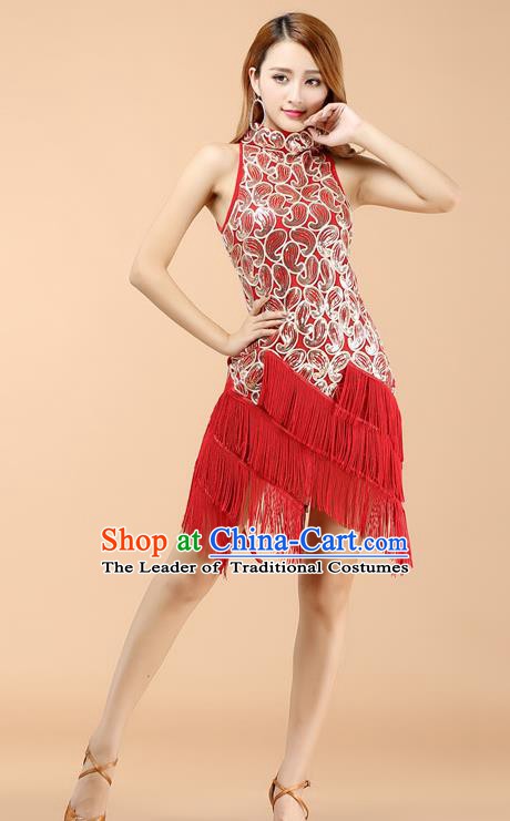 Classical Latin Dance Red Tassel Dress Ballroom Dance Modern Dance Costume for Women