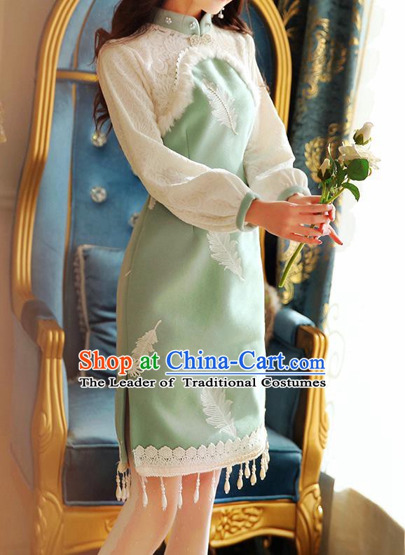 Traditional Chinese National Green Wool Dress Tangsuit Cheongsam Clothing for Women