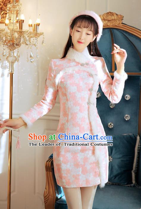 Traditional Chinese National Pink Wool Dress Tangsuit Cheongsam Clothing for Women