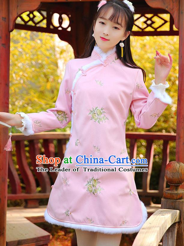 Traditional Chinese National Pink Dress Tangsuit Embroidered Cheongsam Clothing for Women