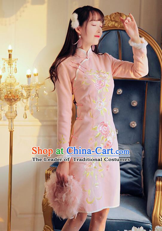 Traditional Chinese National Tangsuit Embroidered Peony Qipao Dress Pink Cheongsam Clothing for Women