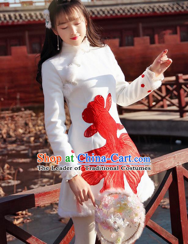 Traditional Chinese National Tangsuit Red Goldfish Qipao Dress Cheongsam Clothing for Women
