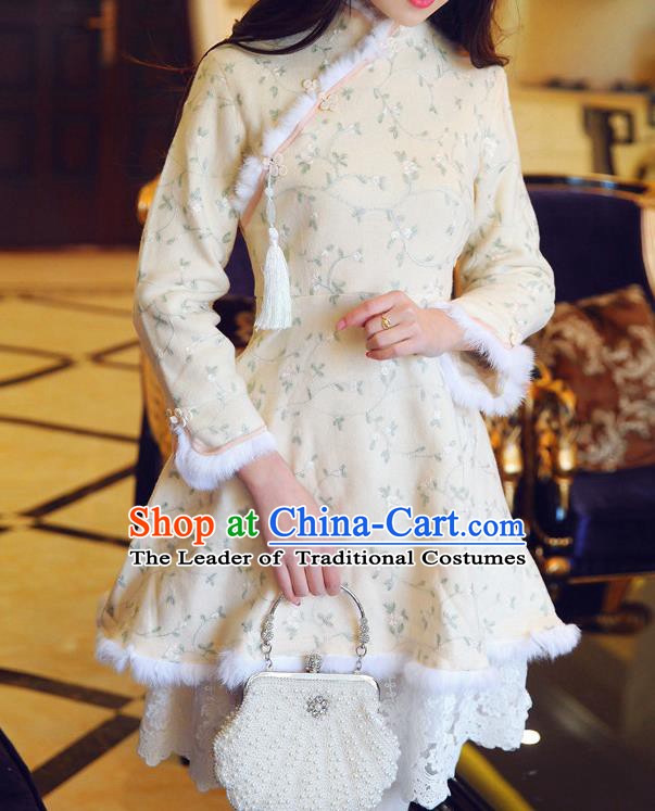 Traditional Chinese National Embroidered Beige Qipao Dress Tangsuit Cheongsam Clothing for Women