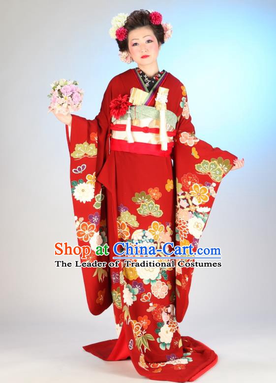 Traditional Asian Japan Geisha Costume Japanese Red Yukata Dress Furisode Kimono for Women