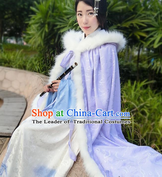 Chinese Ancient Ming Dynasty Princess Costume Purple Long Cloak for Women