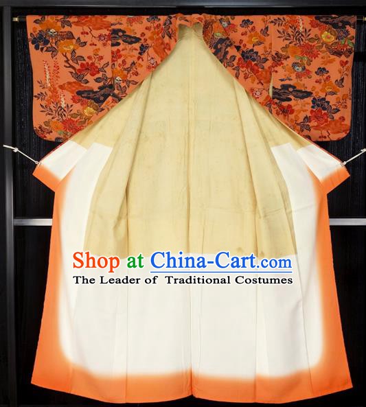 Japan Palace Furisode Kimono Costume Traditional Japanese Orange Yukata Dress for Women