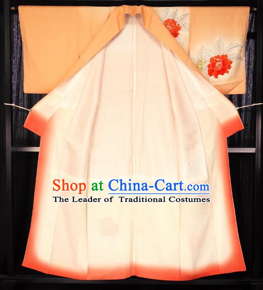 Asian Japan Painting Flowers Orange Furisode Kimono Palace Costume Traditional Japanese Yukata Dress for Women