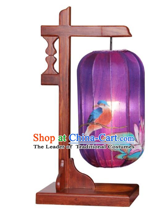Handmade Traditional Chinese Lantern Wood Desk Lamp Hand Painting Lotus Lantern