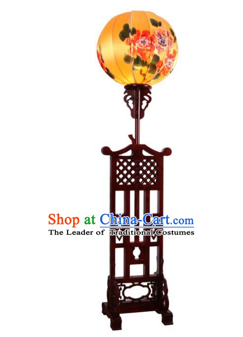 Handmade Traditional Chinese Lantern Floor Lamp Hand Painting Peony Lantern