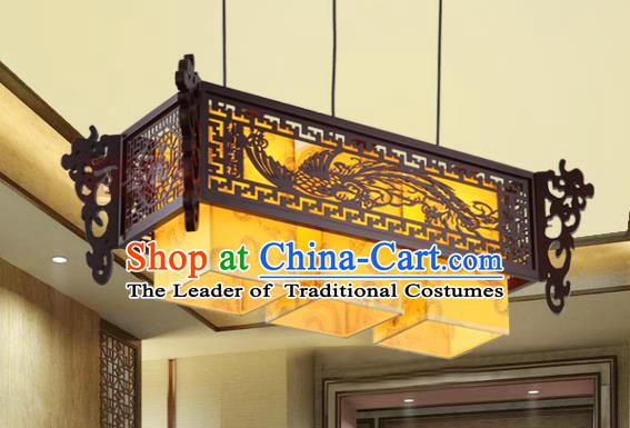 Asian China Handmade Wood Carving Phoenix Lantern Traditional Ancient Three-Lights Ceiling Lamp Palace Lanterns