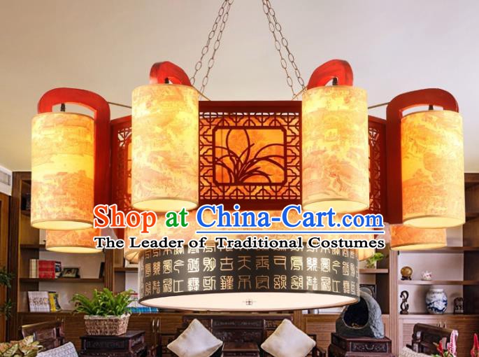 Chinese Handmade Eight-Lights Hanging Lantern Traditional Palace Wood Ceiling Lamp Ancient Lanterns