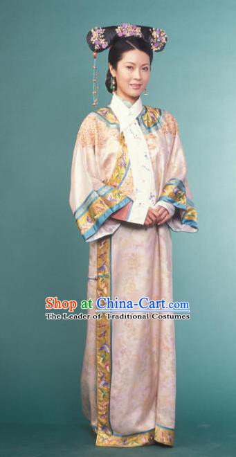 Chinese Ancient Qing Dynasty Imperial Concubine Manchu Pink Dress Historical Costume for Women