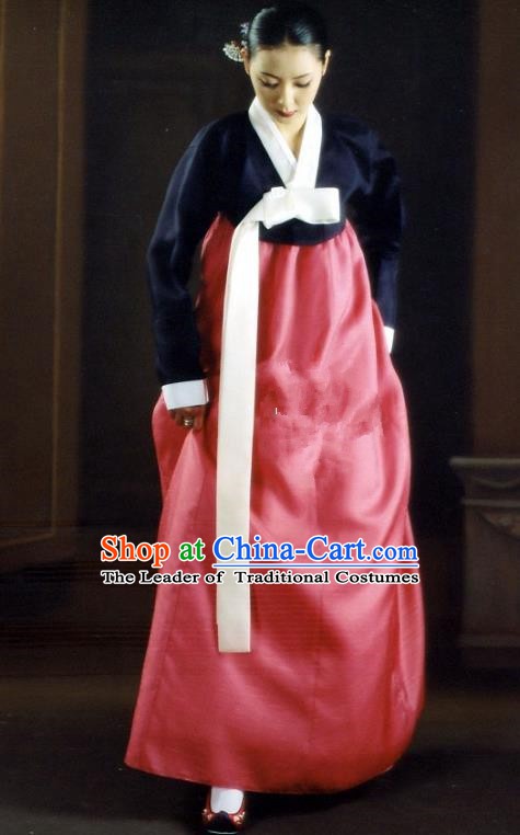 Korean Traditional Bride Palace Hanbok Clothing Navy Blouse and Pink Dress Korean Fashion Apparel Costumes for Women