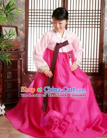 Korean Traditional Palace Garment Hanbok Fashion Apparel Costume Pink Blouse and Rosy Dress for Women