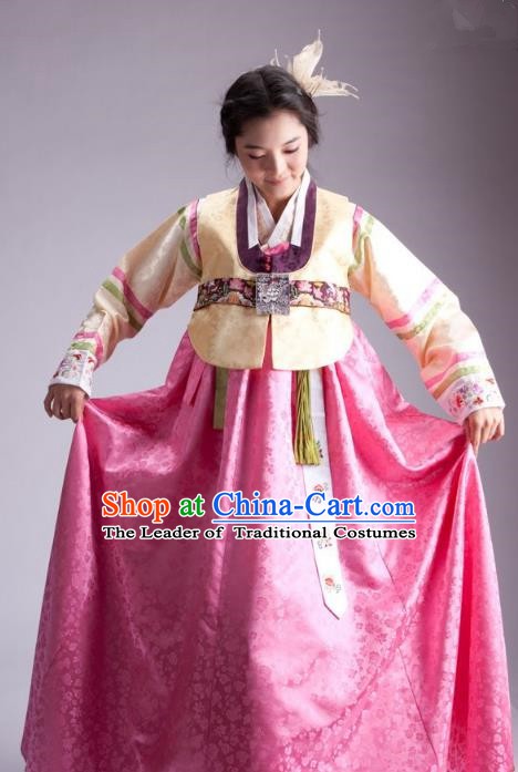 Korean Traditional Palace Garment Hanbok Fashion Apparel Costume Bride Blouse and Pink Dress for Women