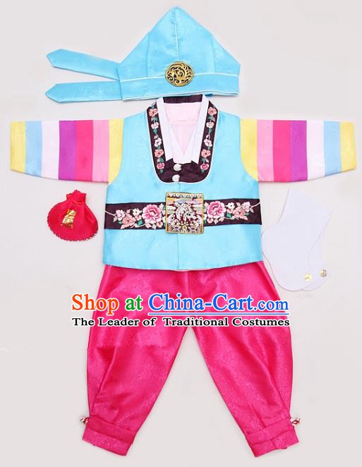 Korean Traditional Hanbok Clothing Korean Boys Hanbok Costumes Blue Shirt and Rosy Pants for Kids