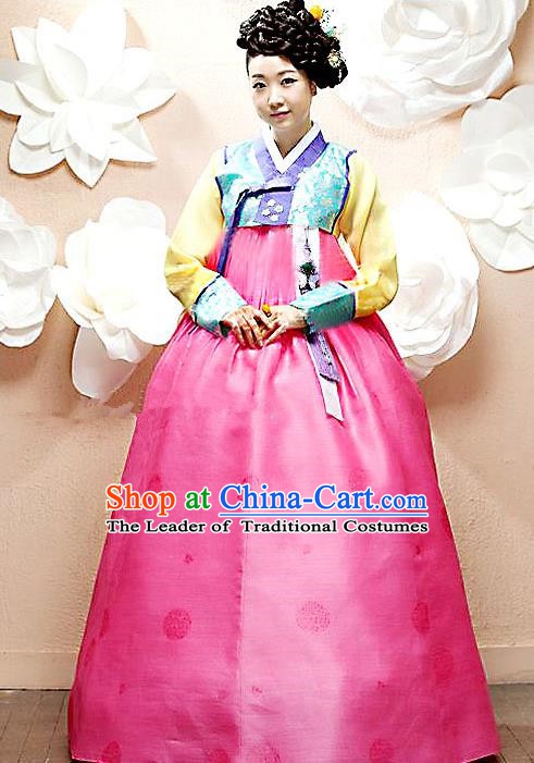 Top Grade Korean Palace Hanbok Bride Traditional Blue Blouse and Pink Dress Fashion Apparel Costumes for Women