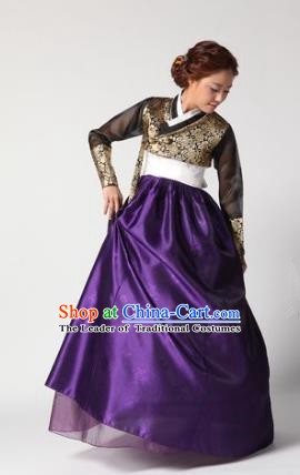 Top Grade Korean Hanbok Traditional Golden Blouse and Purple Dress Fashion Apparel Costumes for Women