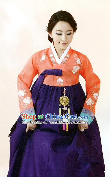 Top Grade Korean Traditional Hanbok Orange Blouse and Purple Dress Fashion Apparel Costumes for Women